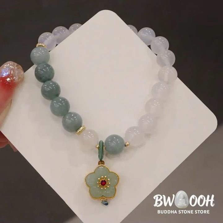 Buddha Stones White Agate Jade Lotus Flower Peace Buckle Protection Bracelet - BWOOOH - Bracelet
