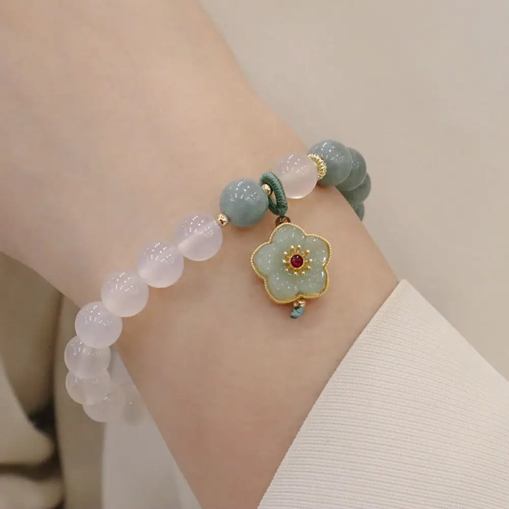 Buddha Stones White Agate Jade Lotus Flower Peace Buckle Protection Bracelet - BWOOOH - Jade Agate Flower(Wrist