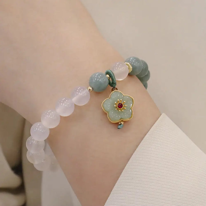 Buddha Stones White Agate Jade Lotus Flower Peace Buckle Protection Bracelet - BWOOOH - Jade Agate Flower(Wrist