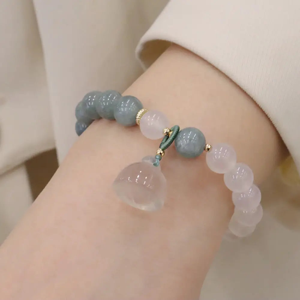 Buddha Stones White Agate Jade Lotus Flower Peace Buckle Protection Bracelet - BWOOOH - Jade Agate Lotus(Wrist