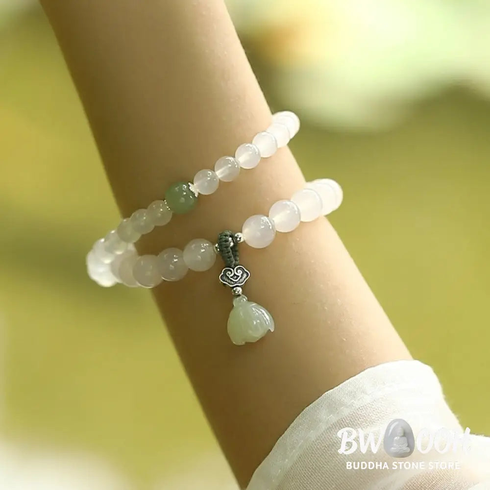 BWOOOH White Agate Jade Lotus Protection Bracelet | natural stone spiritual bracelet for healing and mindful living