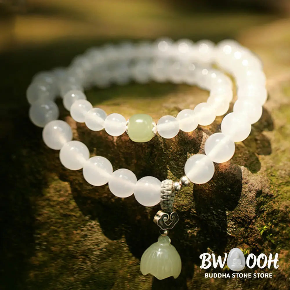 BWOOOH White Agate Jade Lotus Protection Bracelet | natural stone spiritual bracelet for healing and mindful living