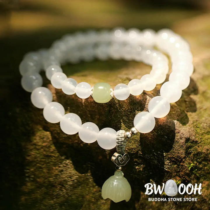 BWOOOH White Agate Jade Lotus Protection Bracelet | natural stone spiritual bracelet for healing and mindful living
