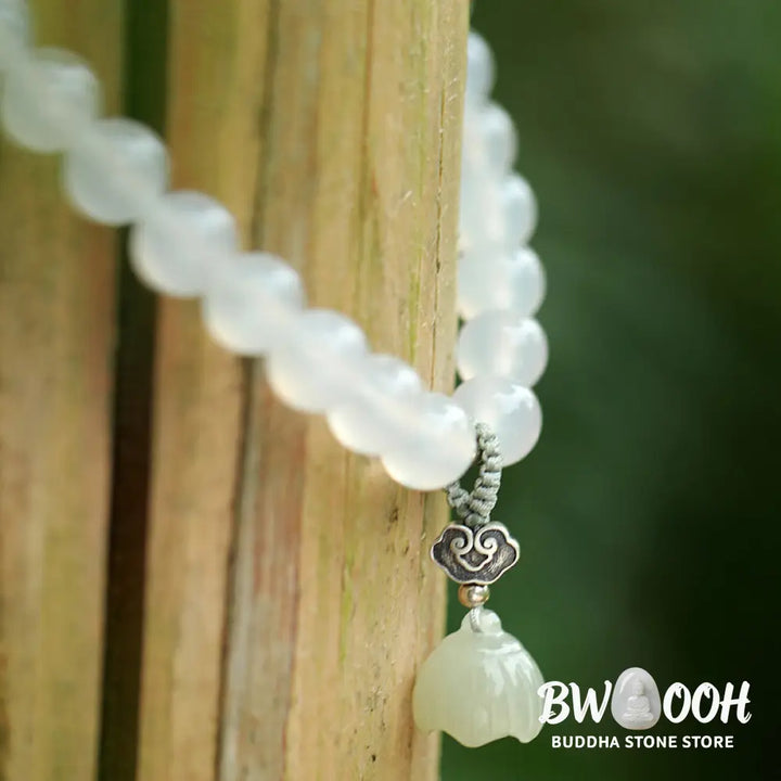 BWOOOH White Agate Jade Lotus Protection Bracelet | natural stone spiritual bracelet for healing and mindful living