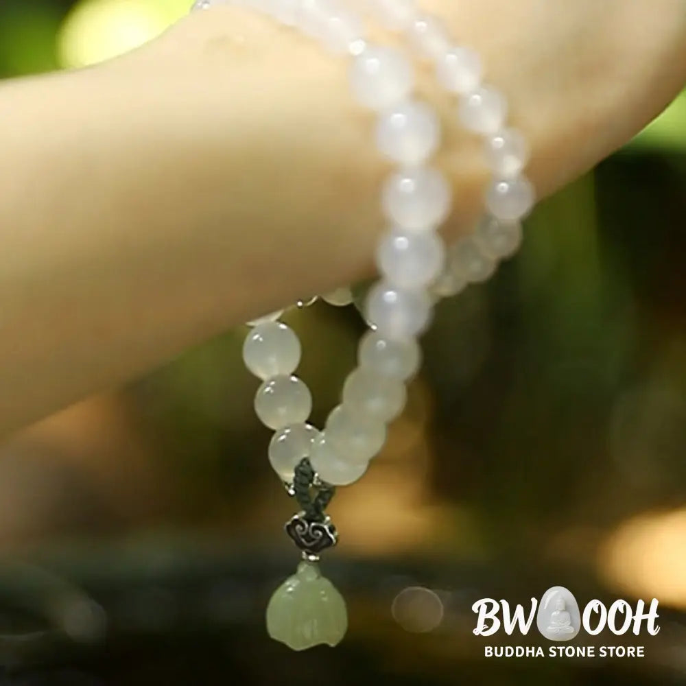 BWOOOH White Agate Jade Lotus Protection Bracelet | natural stone spiritual bracelet for healing and mindful living