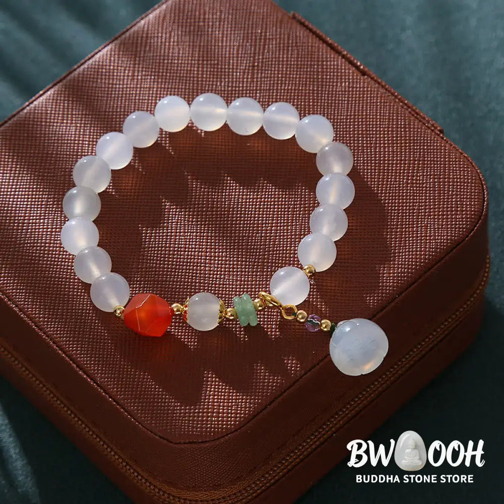 Buddha Stones White Agate Red Agate Lotus Pod Charm Luck Bracelet - White Agate(Wrist Circumference 14-16cm) - Bracelet