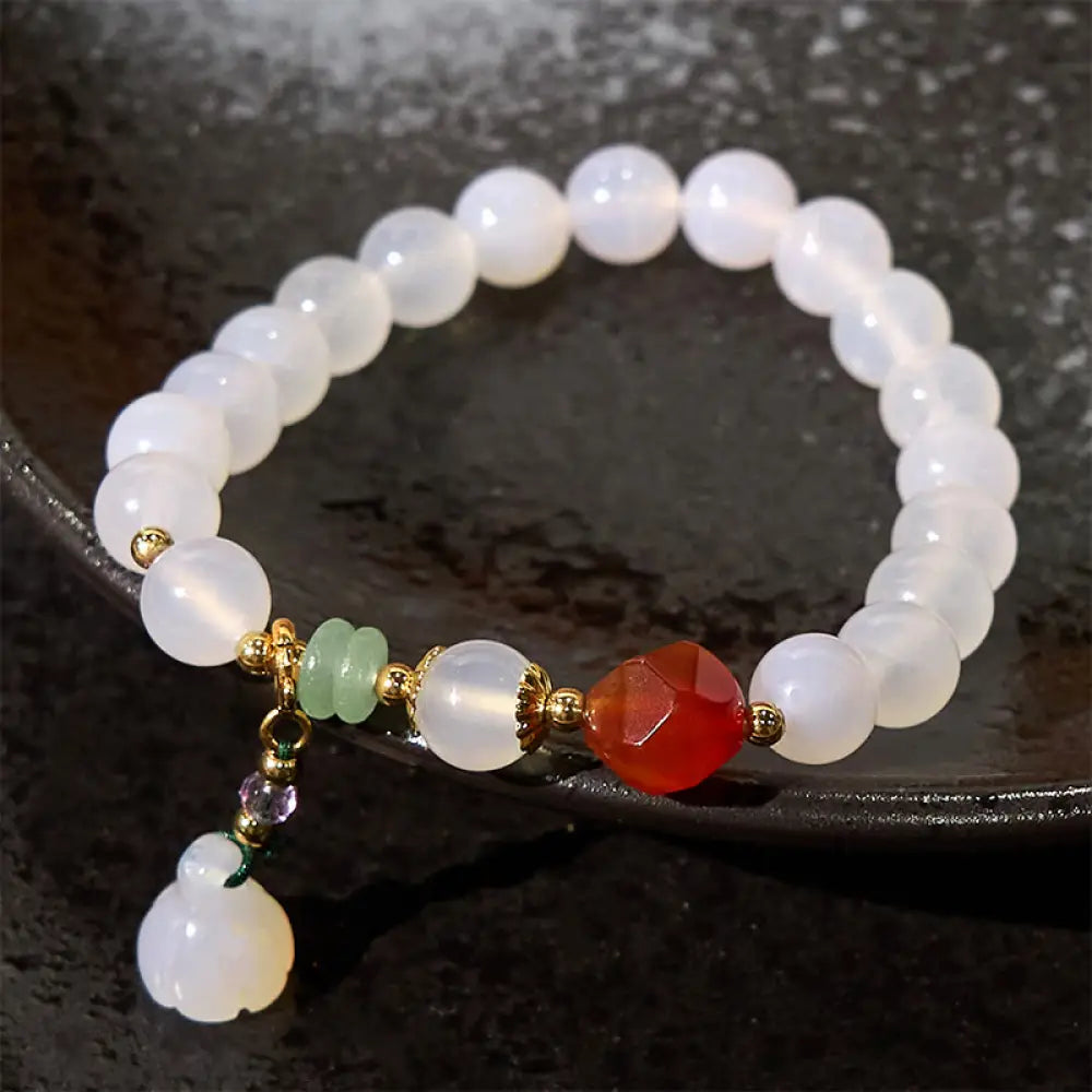 BWOOOH White Agate Red Agate Lotus Pod Charm Luck Bracelet - White Agate(Wrist Circumference 14-16cm) - Bracelet