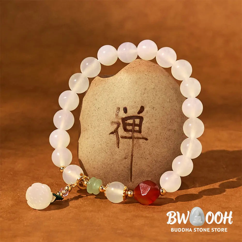 Buddha Stones White Agate Red Agate Lotus Pod Charm Luck Bracelet - White Agate(Wrist Circumference 14-16cm) - Bracelet
