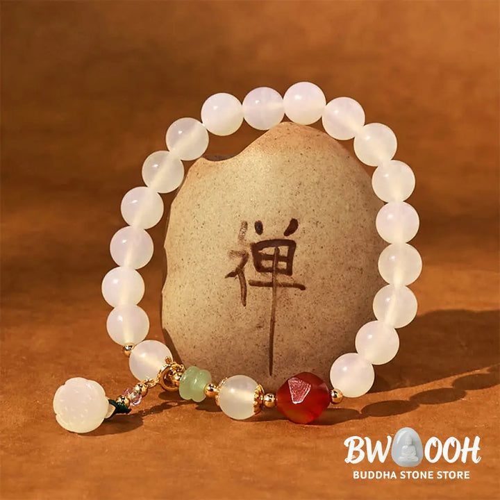 Buddha Stones White Agate Red Agate Lotus Pod Charm Luck Bracelet - White Agate(Wrist Circumference 14-16cm) - Bracelet