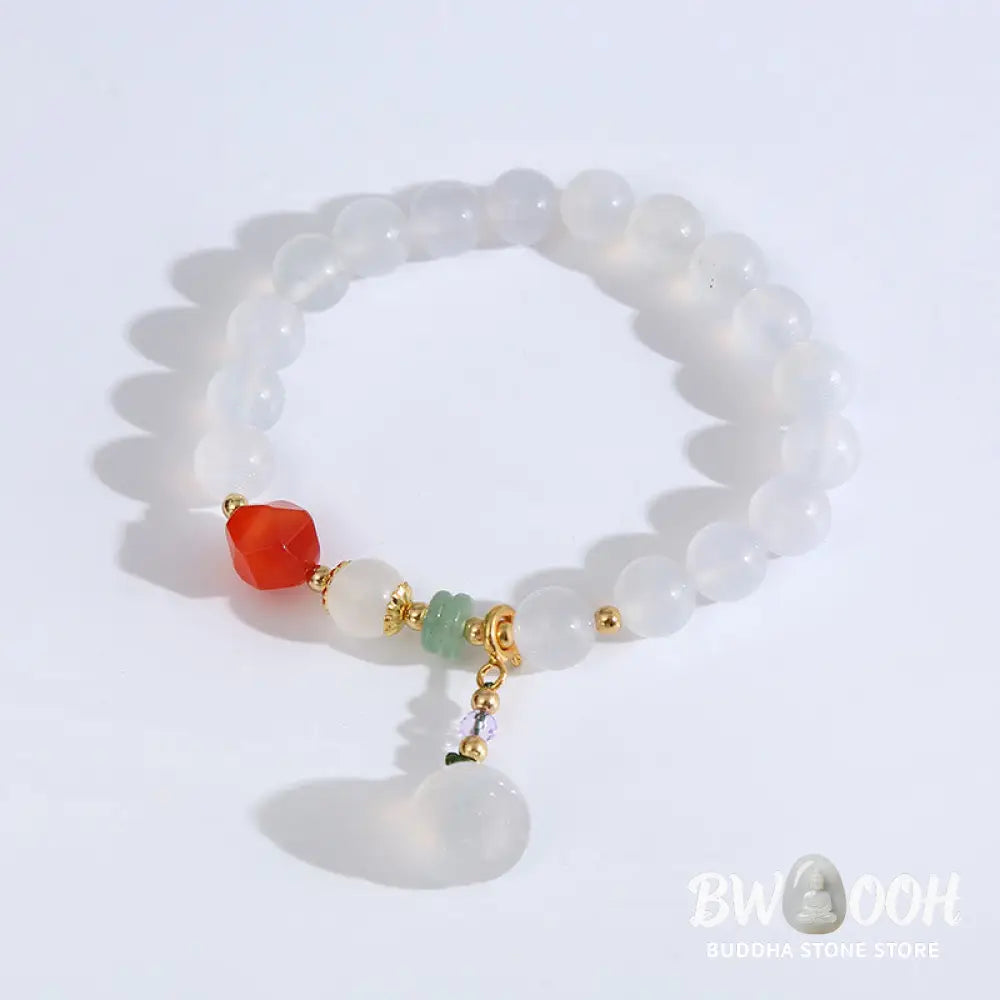 Buddha Stones White Agate Red Agate Lotus Pod Charm Luck Bracelet - White Agate(Wrist Circumference 14-16cm) - Bracelet