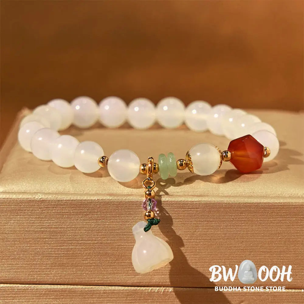 Buddha Stones White Agate Red Agate Lotus Pod Charm Luck Bracelet - White Agate(Wrist Circumference 14-16cm) - Bracelet
