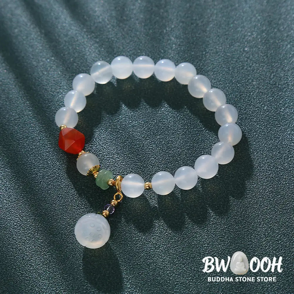 Buddha Stones White Agate Red Agate Lotus Pod Charm Luck Bracelet - White Agate(Wrist Circumference 14-16cm) - Bracelet