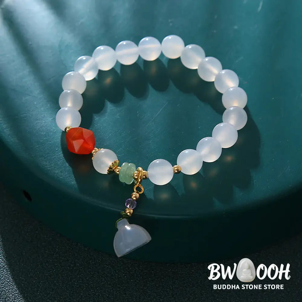 Buddha Stones White Agate Red Agate Lotus Pod Charm Luck Bracelet - White Agate(Wrist Circumference 14-16cm) - Bracelet