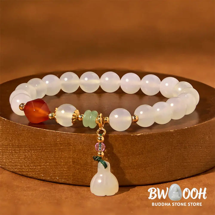 Buddha Stones White Agate Red Agate Lotus Pod Charm Luck Bracelet - White Agate(Wrist Circumference 14-16cm) - Bracelet