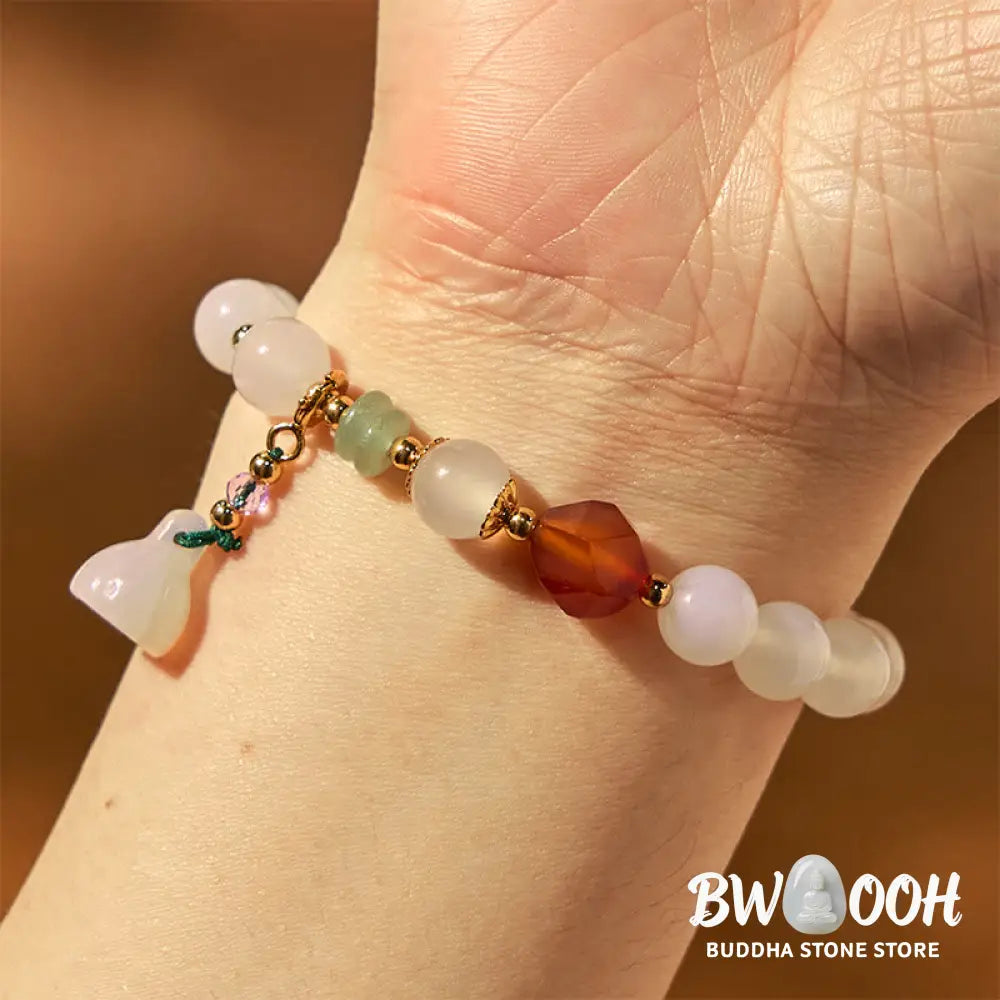 Buddha Stones White Agate Red Agate Lotus Pod Charm Luck Bracelet - White Agate(Wrist Circumference 14-16cm) - Bracelet