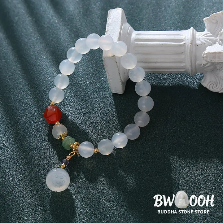 Buddha Stones White Agate Red Agate Lotus Pod Charm Luck Bracelet - White Agate(Wrist Circumference 14-16cm) - Bracelet