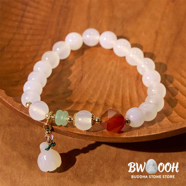 Buddha Stones White Agate Red Agate Lotus Pod Charm Luck Bracelet - White Agate(Wrist Circumference 14-16cm) - Bracelet