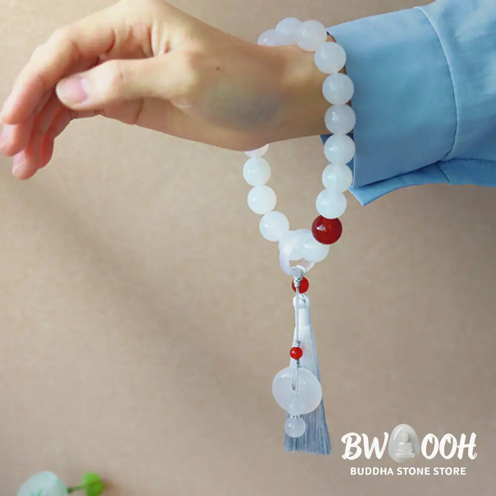 BWOOOH White Agate Red Agate Luck Wrist Mala with tassels, featuring 12mm-14mm beads, for meditation, pocket charm, or car decoration, symbolizing clarity, peace, and confidence. - View 5