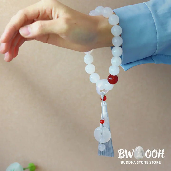 BWOOOH White Agate Red Agate Luck Wrist Mala with tassels, featuring 12mm-14mm beads, for meditation, pocket charm, or car decoration, symbolizing clarity, peace, and confidence. - View 5