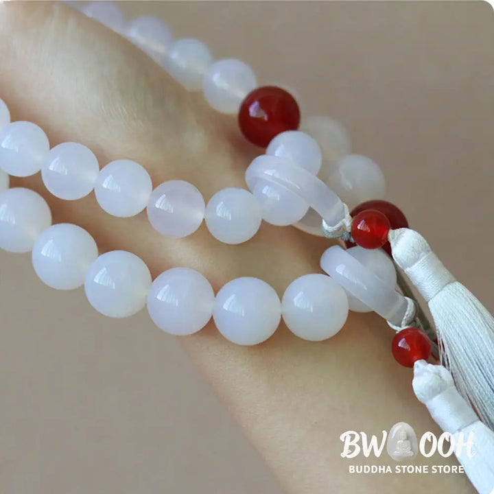 BWOOOH White Agate Red Agate Luck Wrist Mala with tassels, featuring 12mm-14mm beads, for meditation, pocket charm, or car decoration, symbolizing clarity, peace, and confidence. - View 7