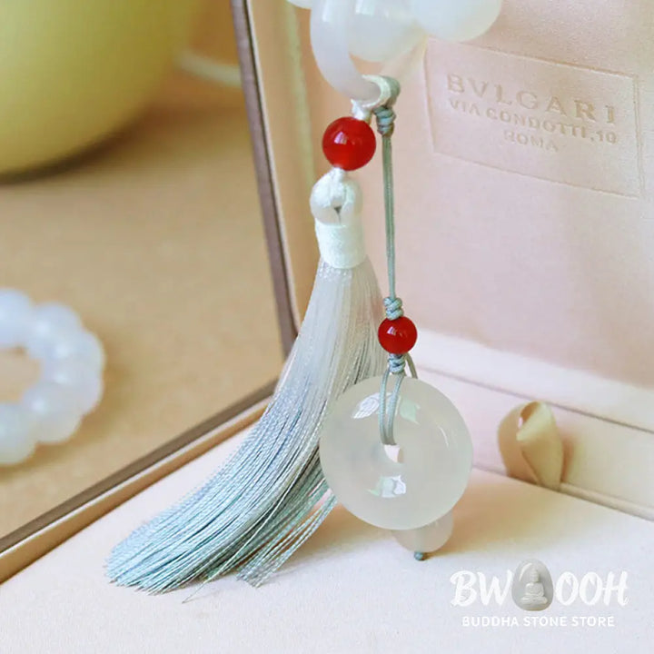 BWOOOH White Agate Red Agate Luck Wrist Mala with tassels, featuring 12mm-14mm beads, for meditation, pocket charm, or car decoration, symbolizing clarity, peace, and confidence. - View 9
