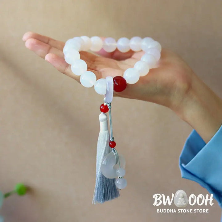 BWOOOH White Agate Red Agate Luck Wrist Mala with tassels, featuring 12mm-14mm beads, for meditation, pocket charm, or car decoration, symbolizing clarity, peace, and confidence. - View 6