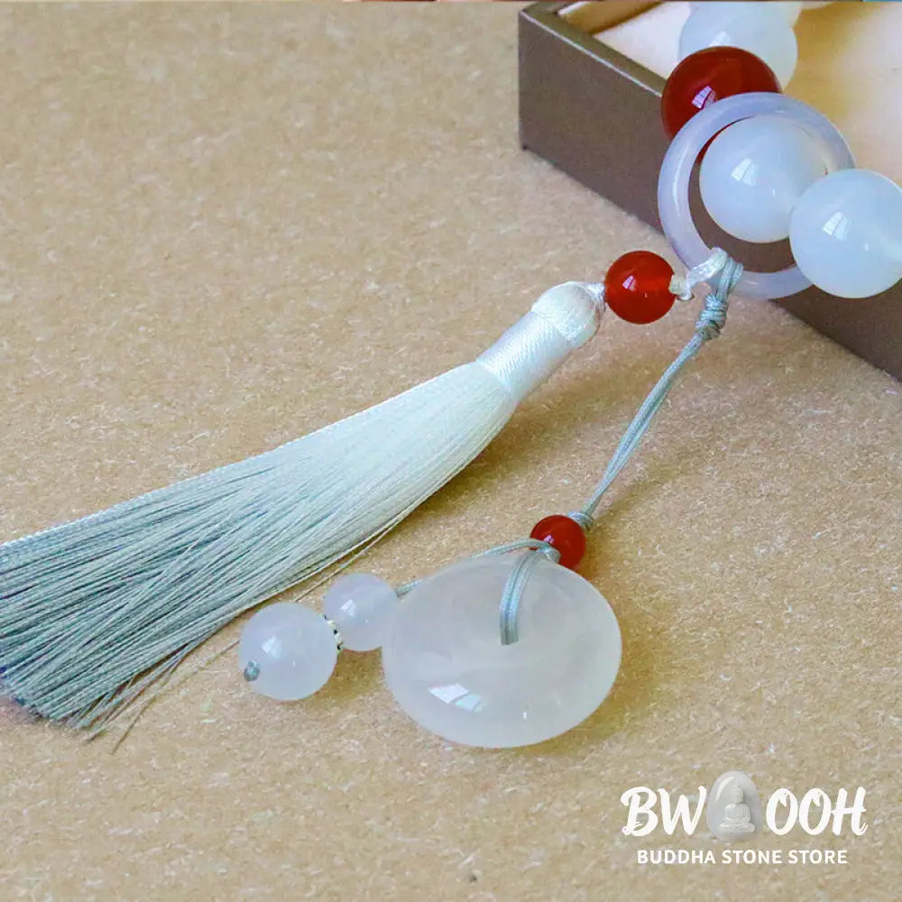 BWOOOH White Agate Red Agate Luck Wrist Mala with tassels, featuring 12mm-14mm beads, for meditation, pocket charm, or car decoration, symbolizing clarity, peace, and confidence. - View 8