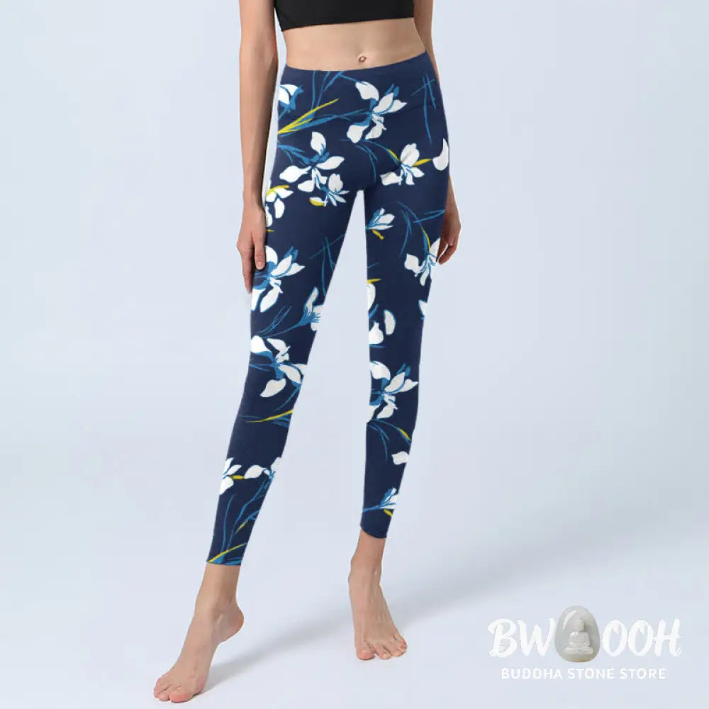 BWOOOH printed yoga leggings - White Blossom Leaves Pattern Print Gym L