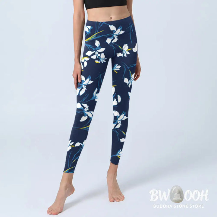 BWOOOH printed yoga leggings - White Blossom Leaves Pattern Print Gym L