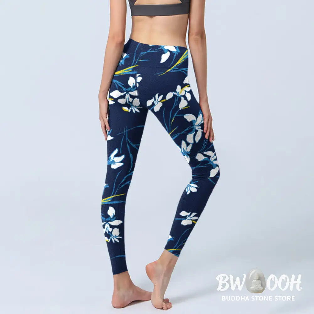 BWOOOH printed yoga leggings - White Blossom Leaves Pattern Print Gym L