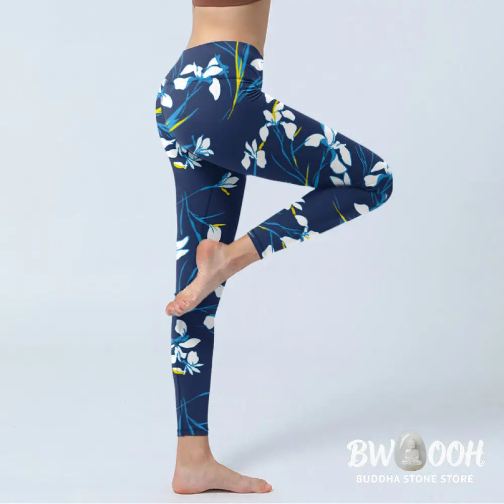 BWOOOH printed yoga leggings - White Blossom Leaves Pattern Print Gym L