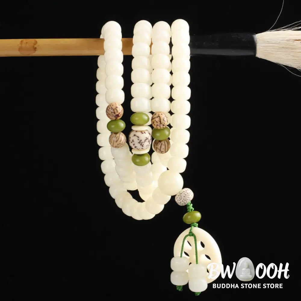 BWOOOH Handcrafted White Bodhi Seed Mala 108 Bead Luck Bracelet. Natural dark-speckled seeds for spiritual focus and mindful meditation. - View 5