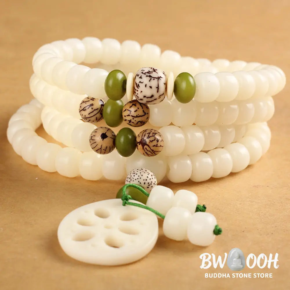 BWOOOH Handcrafted White Bodhi Seed Mala 108 Bead Luck Bracelet. Natural dark-speckled seeds for spiritual focus and mindful meditation. - View 2
