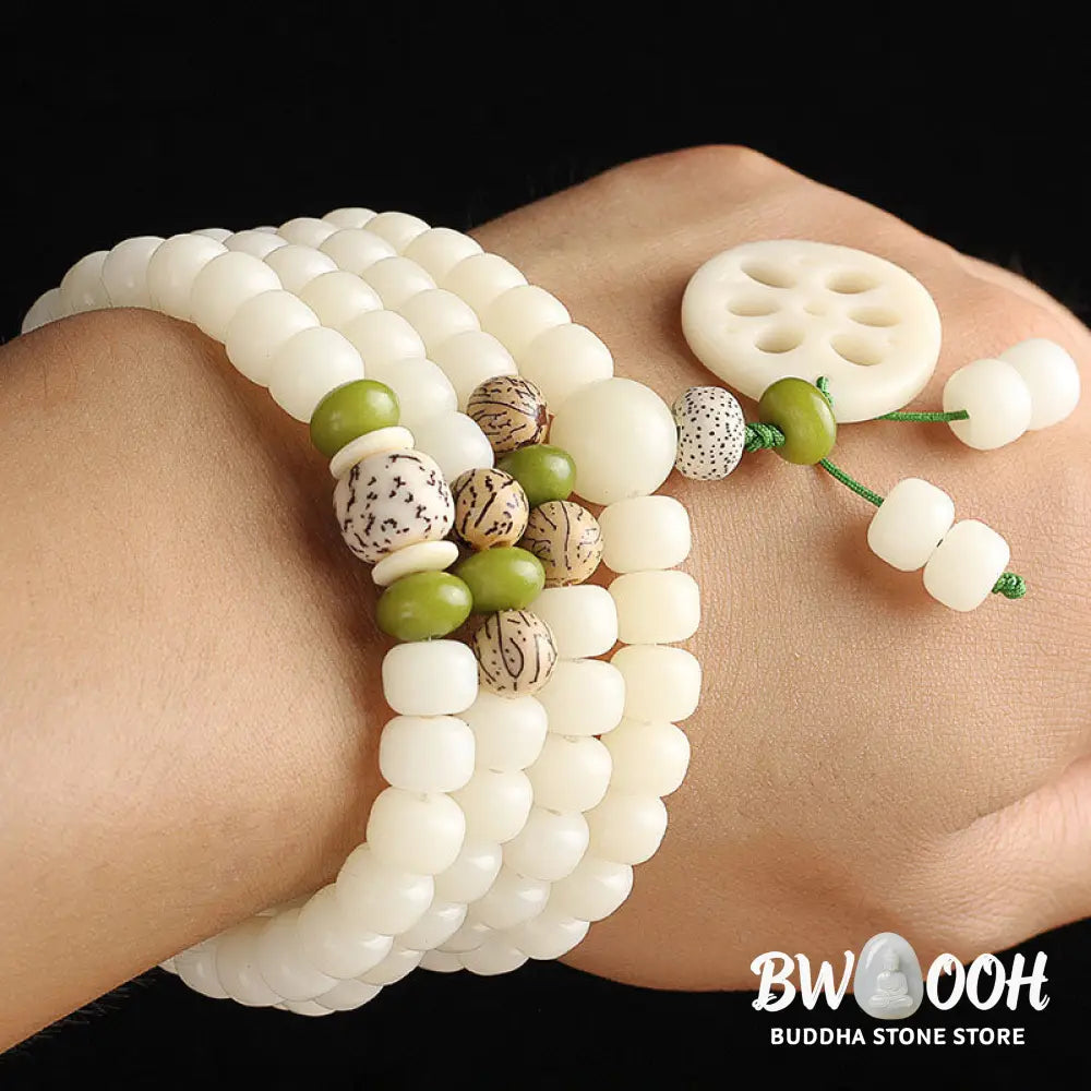 BWOOOH Handcrafted White Bodhi Seed Mala 108 Bead Luck Bracelet. Natural dark-speckled seeds for spiritual focus and mindful meditation. - View 4