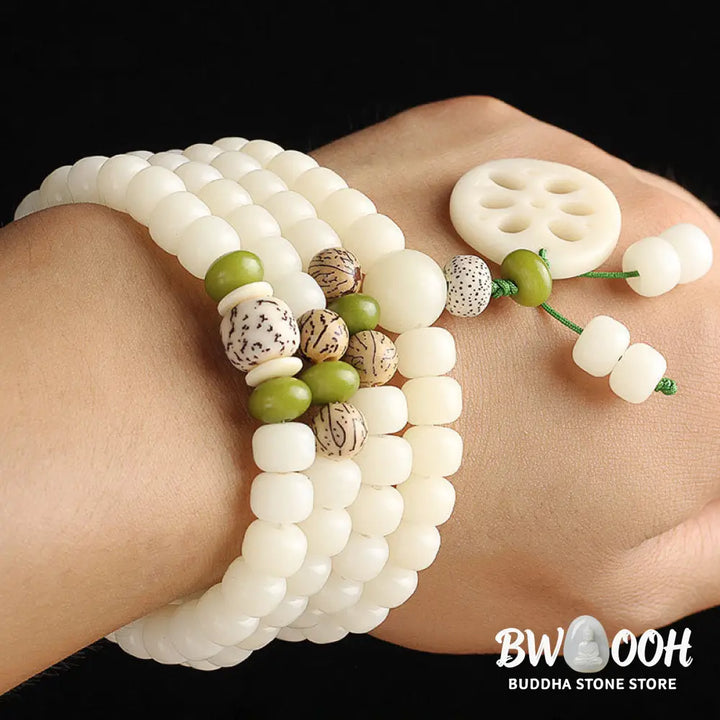 BWOOOH Handcrafted White Bodhi Seed Mala 108 Bead Luck Bracelet. Natural dark-speckled seeds for spiritual focus and mindful meditation. - View 4