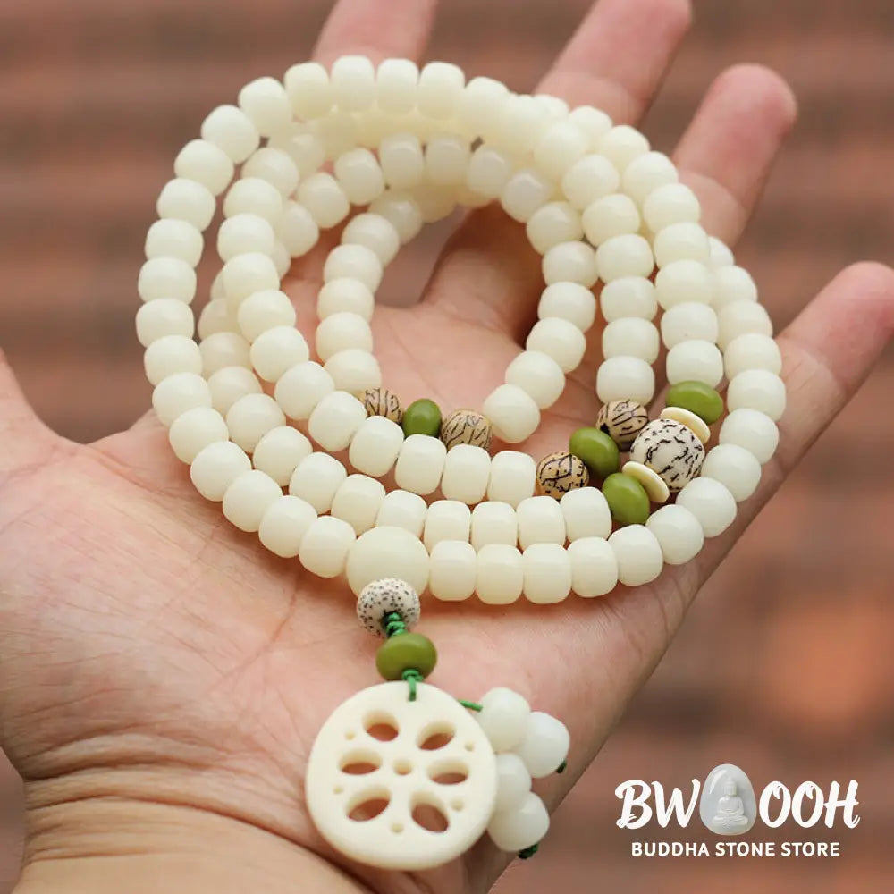 BWOOOH Handcrafted White Bodhi Seed Mala 108 Bead Luck Bracelet. Natural dark-speckled seeds for spiritual focus and mindful meditation. - View 3