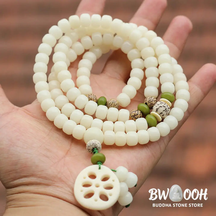 BWOOOH Handcrafted White Bodhi Seed Mala 108 Bead Luck Bracelet. Natural dark-speckled seeds for spiritual focus and mindful meditation. - View 3