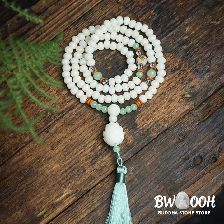 Handcrafted BWOOOH White Bodhi Seed Mala, 108 natural 6-8mm beads. Unisex meditation bracelet for spiritual protection &amp; mindful focus. - View 2