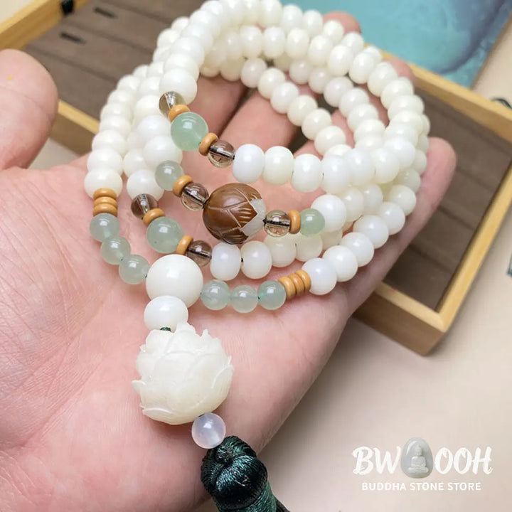 Handcrafted BWOOOH White Bodhi Seed Mala, 108 natural 6-8mm beads. Unisex meditation bracelet for spiritual protection &amp; mindful focus. - View 7