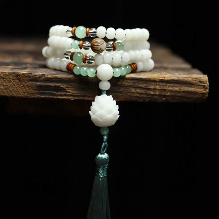 Handcrafted BWOOOH White Bodhi Seed Mala, 108 natural 6-8mm beads. Unisex meditation bracelet for spiritual protection &amp; mindful focus.