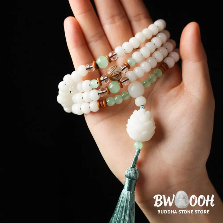 Handcrafted BWOOOH White Bodhi Seed Mala, 108 natural 6-8mm beads. Unisex meditation bracelet for spiritual protection &amp; mindful focus. - View 4