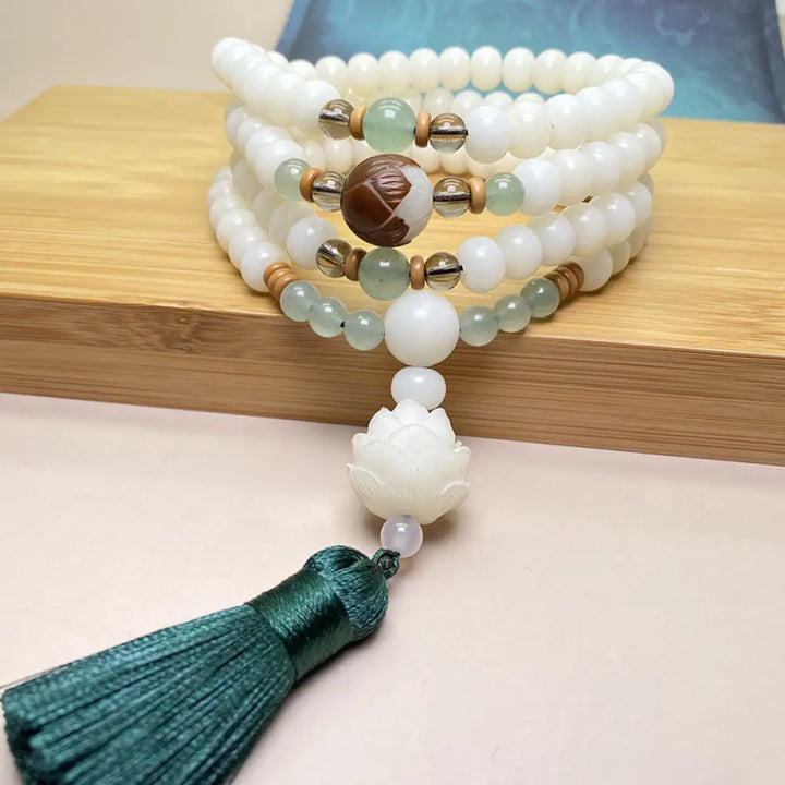 Handcrafted BWOOOH White Bodhi Seed Mala, 108 natural 6-8mm beads. Unisex meditation bracelet for spiritual protection &amp; mindful focus. - View 5