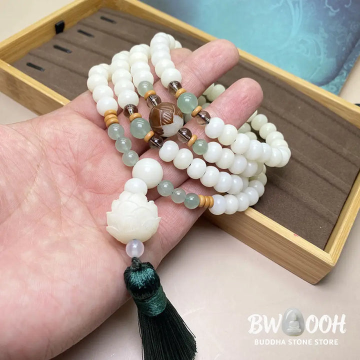 Handcrafted BWOOOH White Bodhi Seed Mala, 108 natural 6-8mm beads. Unisex meditation bracelet for spiritual protection &amp; mindful focus. - View 8