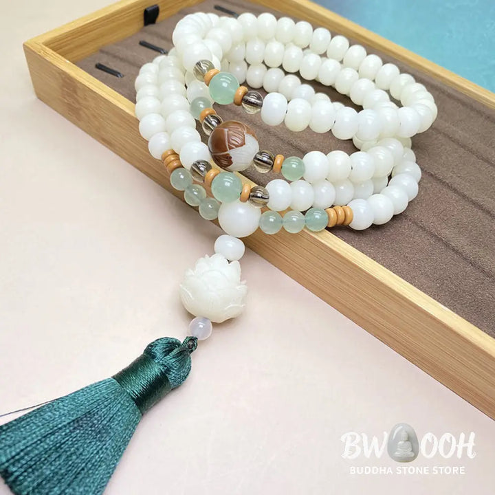 Handcrafted BWOOOH White Bodhi Seed Mala, 108 natural 6-8mm beads. Unisex meditation bracelet for spiritual protection &amp; mindful focus. - View 6