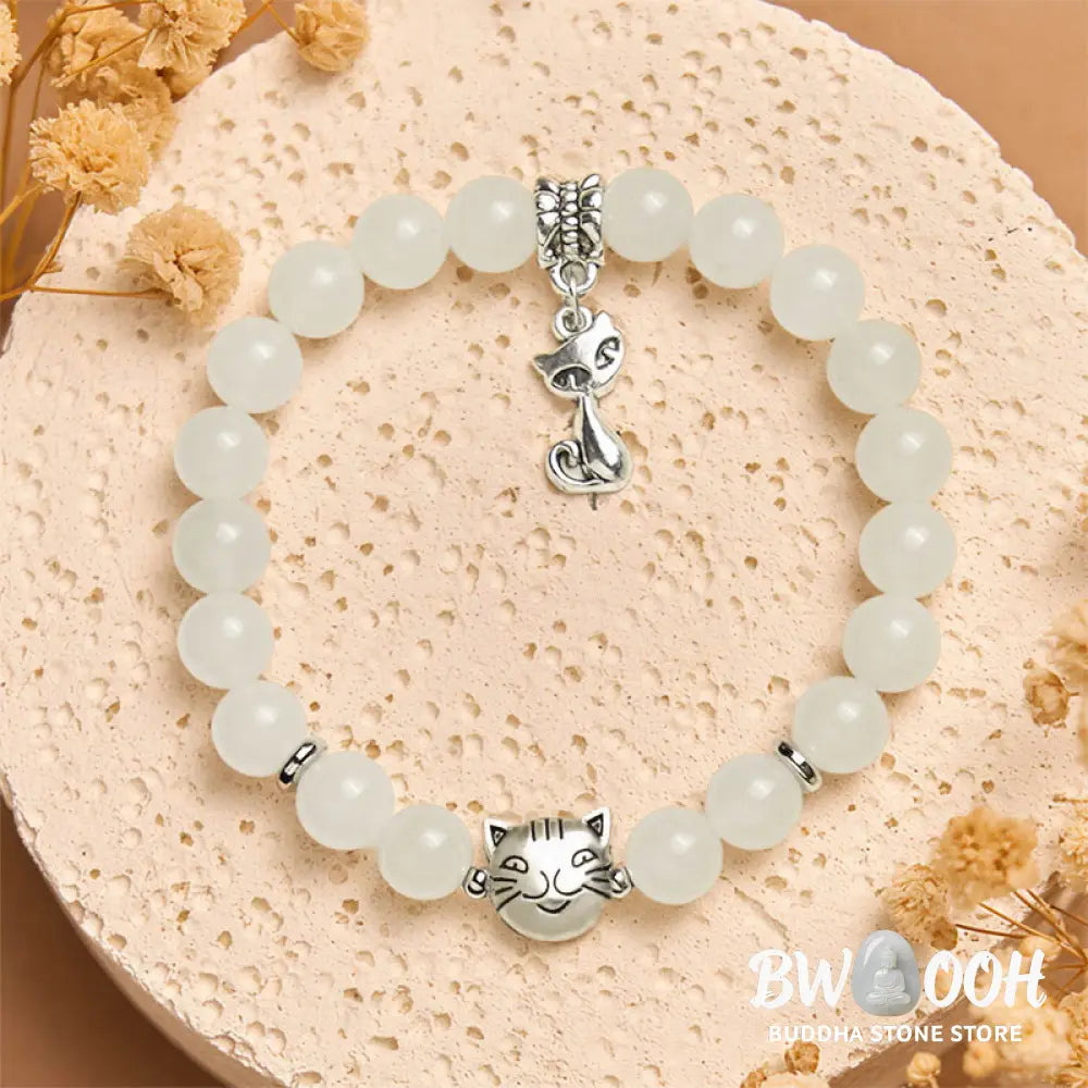 Buddha Stones White Cat White Jade Luck Blessing Bracelet - White Cat(Wrist Circumference 15-16cm) - Bracelet