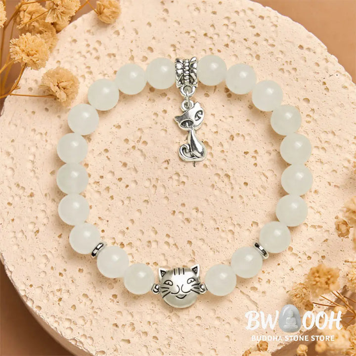 Buddha Stones White Cat White Jade Luck Blessing Bracelet - White Cat(Wrist Circumference 15-16cm) - Bracelet