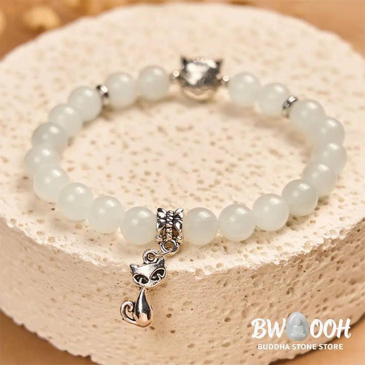 Buddha Stones White Cat White Jade Luck Blessing Bracelet - White Cat(Wrist Circumference 15-16cm) - Bracelet