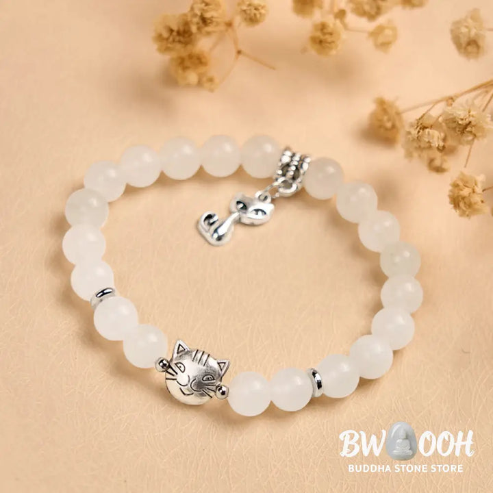 Buddha Stones White Cat White Jade Luck Blessing Bracelet - White Cat(Wrist Circumference 15-16cm) - Bracelet
