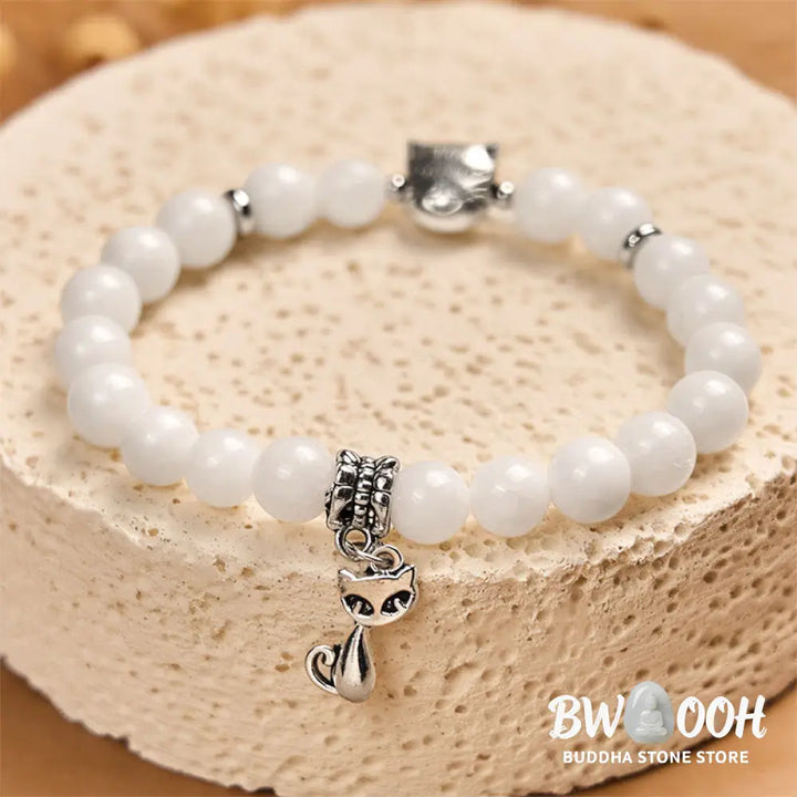 Buddha Stones White Cat Natural White Chalcedony Bead Positive Bracelet - White Cat(Wrist Circumference 14-16cm)