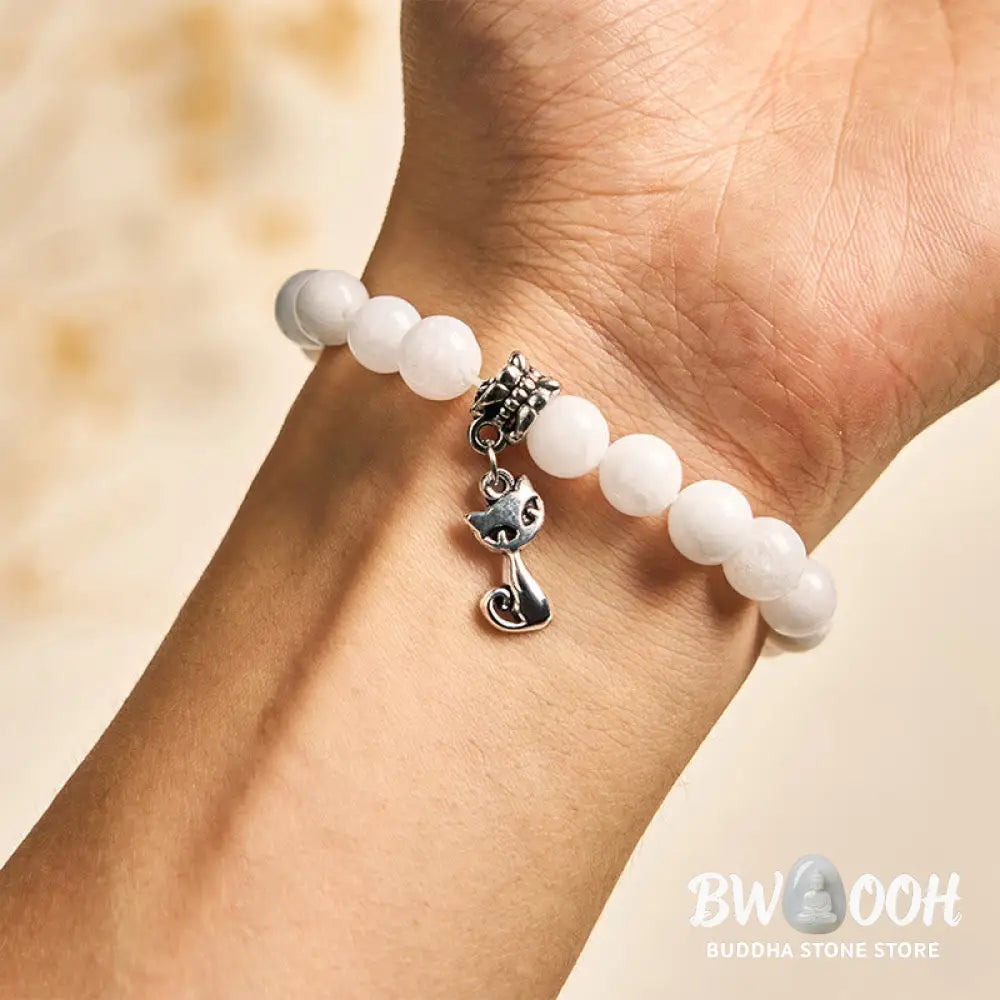 Buddha Stones White Cat Natural White Chalcedony Bead Positive Bracelet - White Cat(Wrist Circumference 14-16cm)